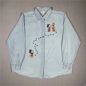 Disney Store Button Up Unisex XLarge Blue Mickey And Minnie With Pluto Embroider